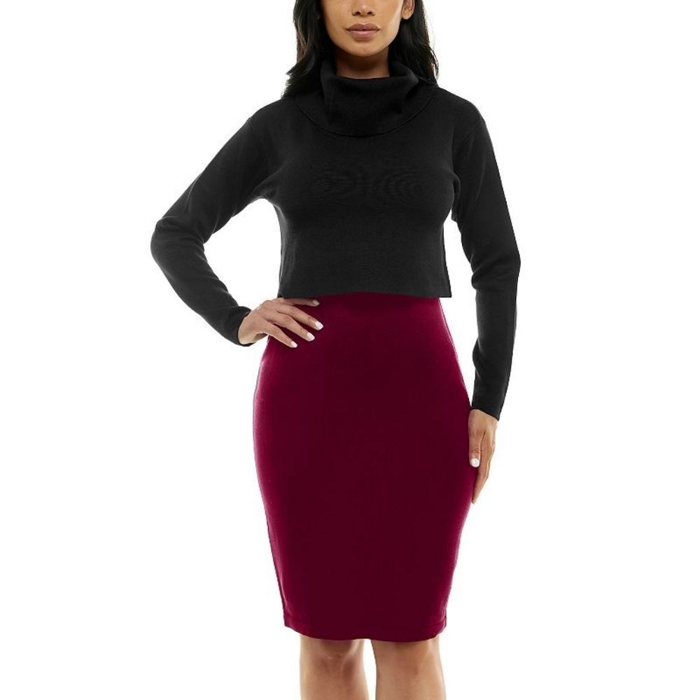 Nina Leonard Sweater Dress Cowl Neck Long Sleeve Black Sangria Red Old Money XL